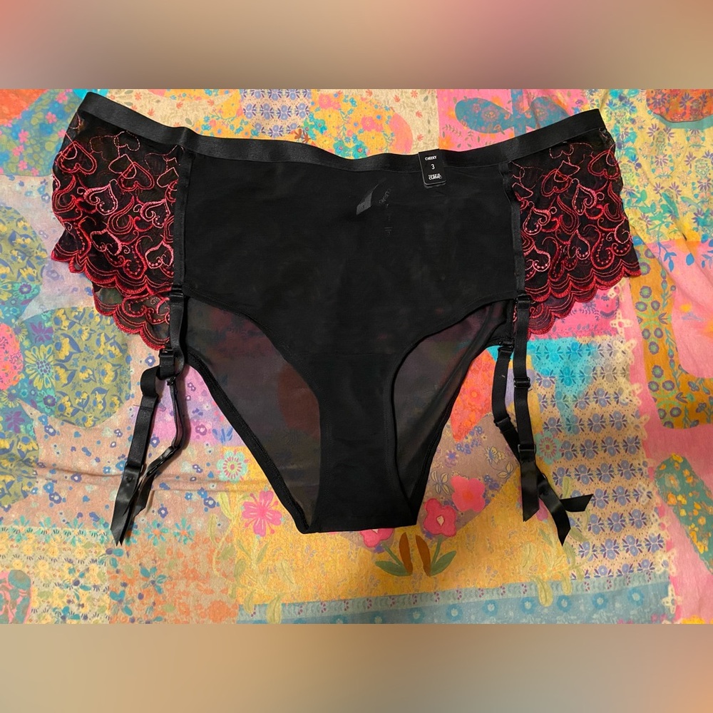 Torrid NWT Size 3 Black, Red, and Pink Lace Cheeky Garter Lingerie